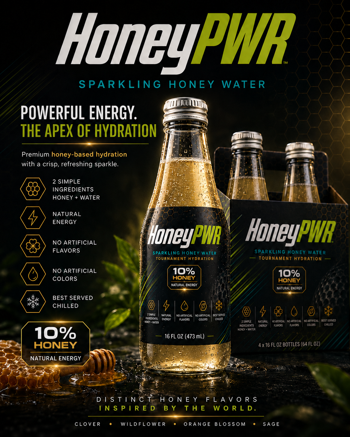 HoneyPWR sparkling honey water bottles with honeycomb background - 10% real honey, natural energy drink